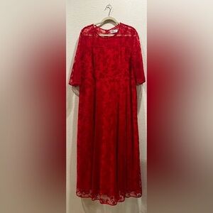 FlyCurvy Elegant Red Floral Dress 3/4 Sleeve Long Flowy Formal Plus Size XXXL